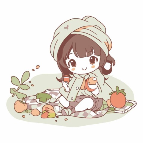 Cute little girl sitting on a blanket and eating fruits.