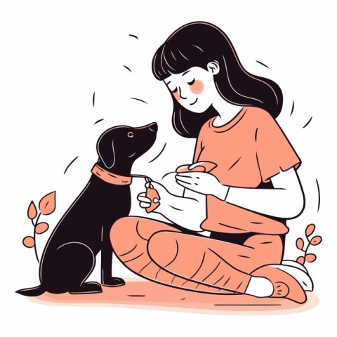 Girl feeds a dog of a girl with a dog.