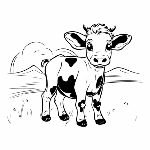 Cute cartoon cow on meadow. Black and white vector illustration.