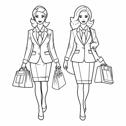 Beautiful business women with shopping bags. Black and white vec