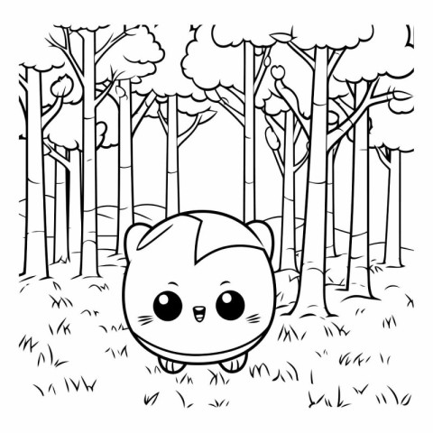 Cute cartoon hamster in the forest. Black and white vector illus