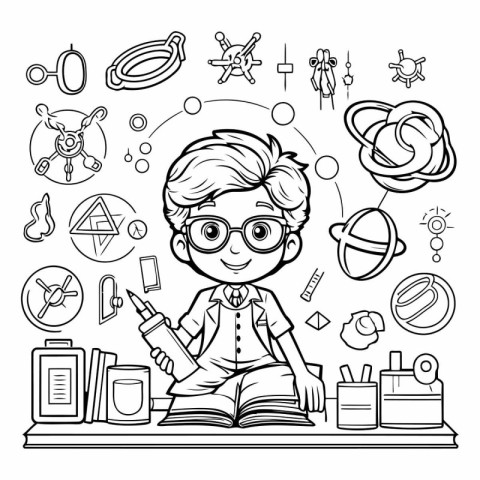 Black and white vector illustration of a boy in glasses with a b