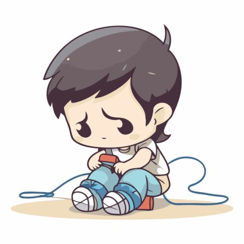 Cute boy playing with a water bottle. Vector cartoon illustratio