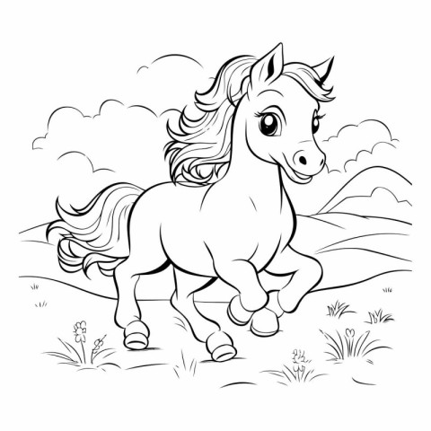 Horse in the field. Black and white vector illustration for colo