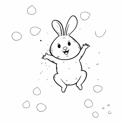 Cute little rabbit jumping in the water. Hand drawn vector illus