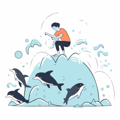 Vector illustration of a boy with a book sitting on a rock and p