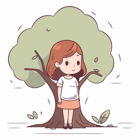 Cute little girl standing under tree in cartoon style.