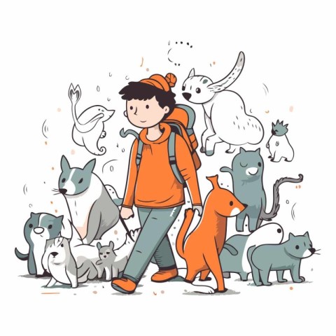 Vector illustration of a boy walking with a group of cats. Hand