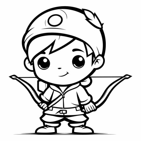 Black and White Cartoon Illustration of Kid Boy with Bow and Arr