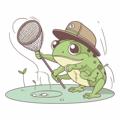 Frog in a hat with a net catches fish.