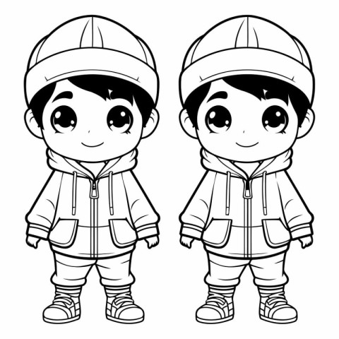 Boy and girl wearing winter clothes for coloring book.