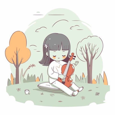 Cute little girl playing violin in the park.