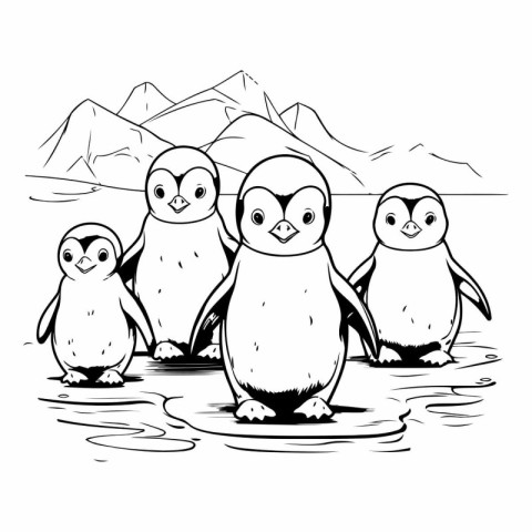 penguins in the water. black and white