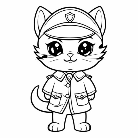 Black and White Cartoon Illustration of Cute Cat Police Officer