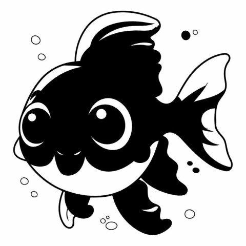 Black and white illustration of a cartoon goldfish swimming in t