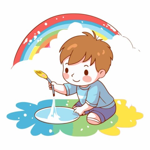 Illustration of a Little Boy Playing in the Water with a Brush