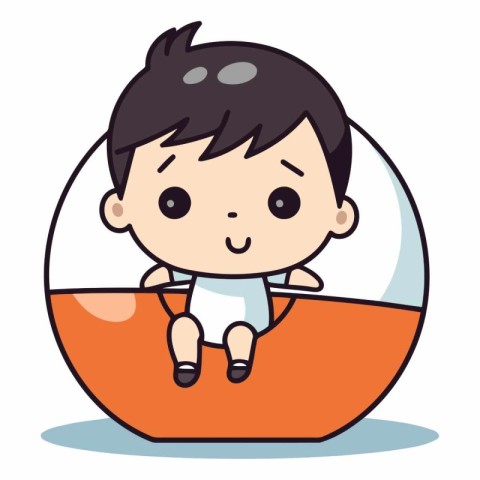 Cute boy sitting in a bowl of water. Cartoon vector illustration