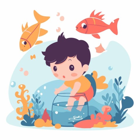 Cute little boy playing with fish in aquarium.