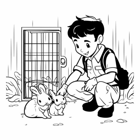 Boy playing with rabbit in the garden. Black and white vector il