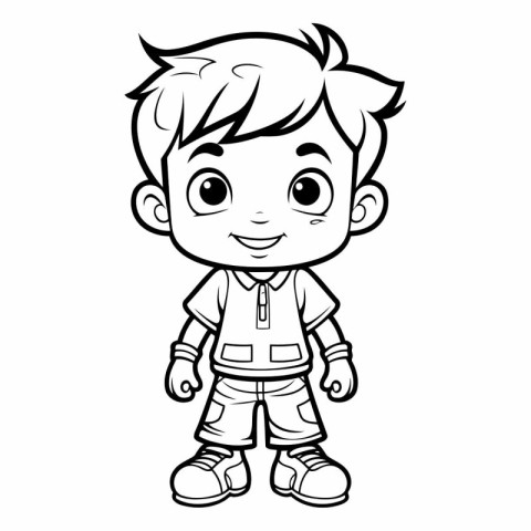 Black and White Cartoon Illustration of Cute Little Boy Characte