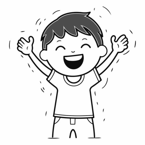 Cartoon happy boy with hands up for coloring book.