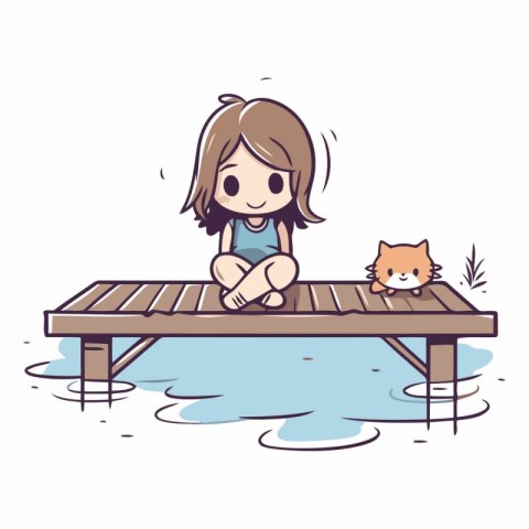 Girl sitting on the pier and playing with cat.