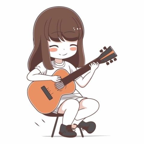 Little girl playing guitar. Cute cartoon character.