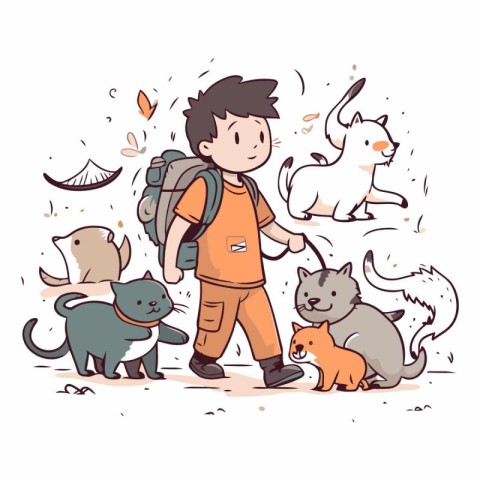 Boy with a backpack walking with his pets. Vector hand drawn ill