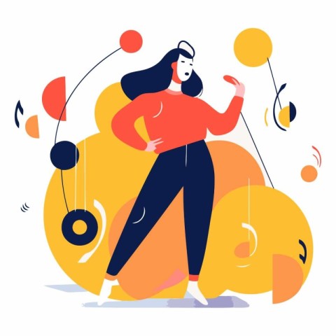 Vector illustration of young woman dancing and listening music w