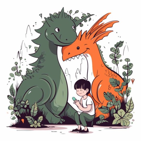 Little boy playing with a dinosaur in cartoon style.