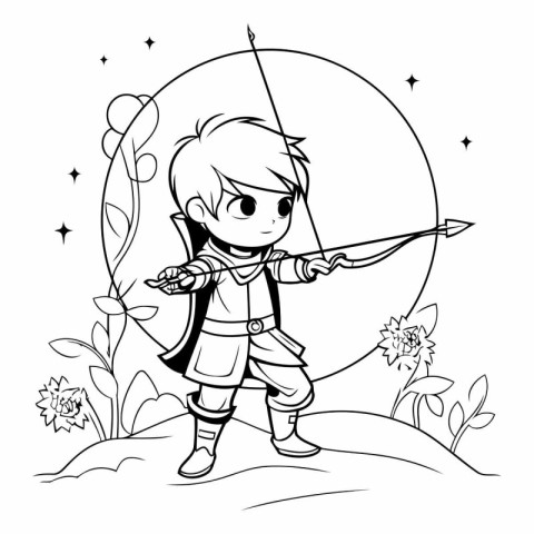 Cute boy with bow and arrow cartoon in black and white vector il