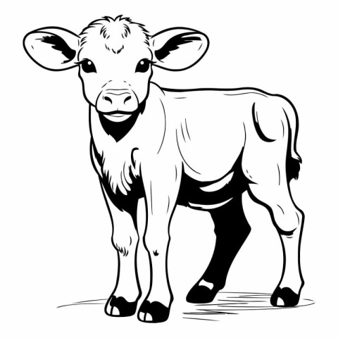 Black and white vector illustration of a young calf standing in