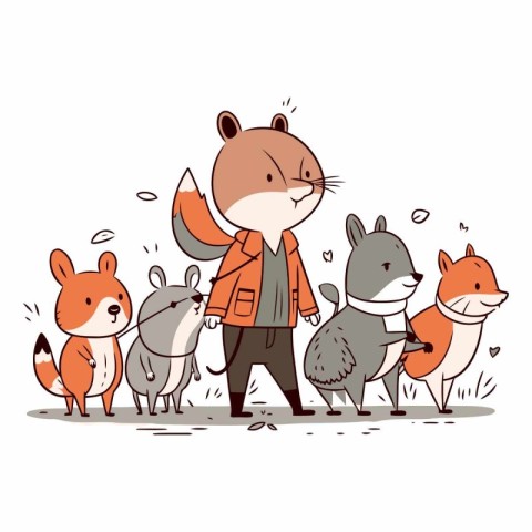 Cartoon illustration of cute little squirrels and foxes.