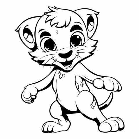 Cute Baby Lion - Black and White Cartoon Illustration. Vector