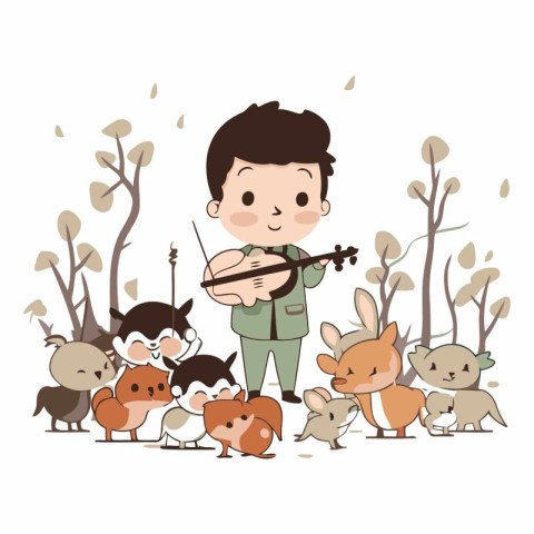 cute little boy playing violin with animals in forest vector ill