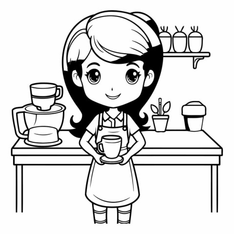 Coffee shop girl with coffee mug cartoon vector illustration gra