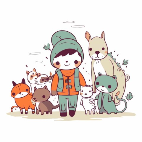 Little boy with a group of cats in cartoon style.