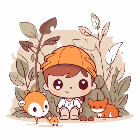 Cute little boy with foxes in the jungle