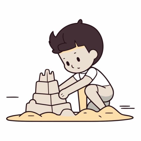 Boy building sand castle in a flat cartoon style.