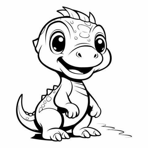 Cute Little Dinosaur - Black and White Cartoon Illustration. Vec