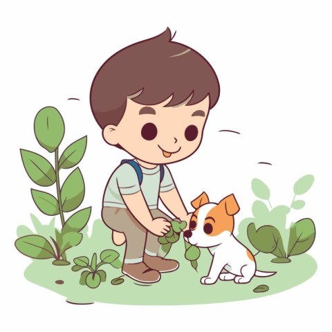 Boy playing with his dog in the garden. Cute cartoon vector illu