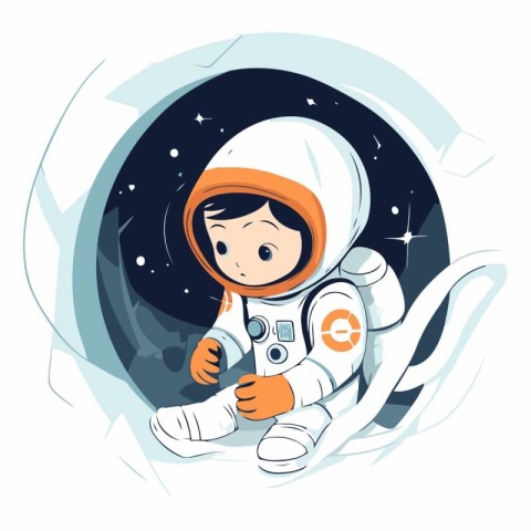 Cute little boy astronaut in outer space. cartoon vector illustr