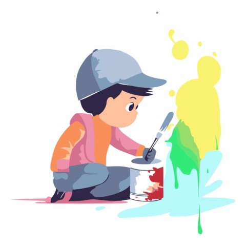 Cute little boy painting a picture with paintbrush. Cute vector