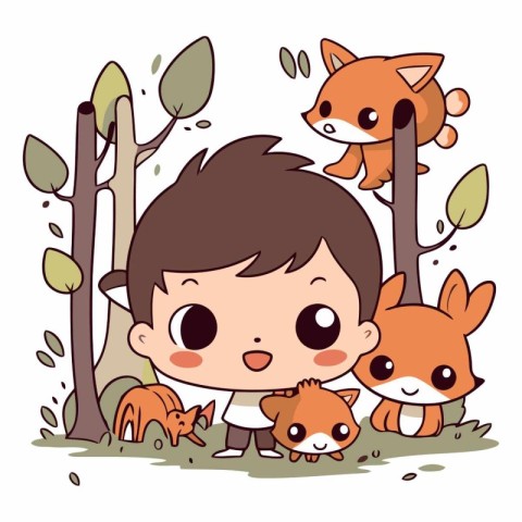 Cute little boy with foxes in the forest.