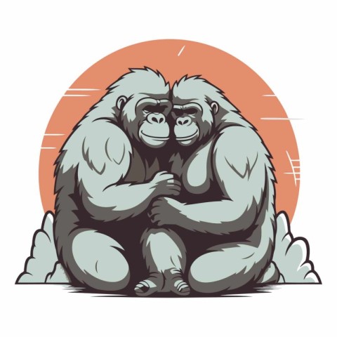 Gorilla sitting on the ground in retro style.