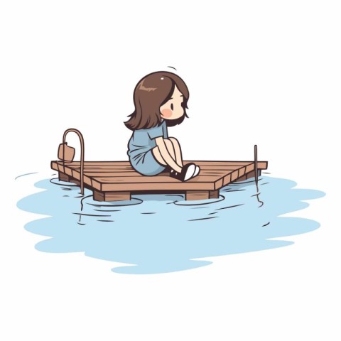 Illustration of a little girl sitting on a wooden pier in the wa