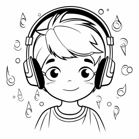 Cute boy listening to music with headphones. Black and white vec