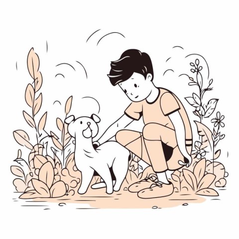 Boy playing with a dog in the garden in doodle style.