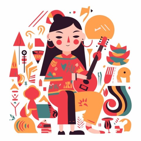 Korean woman playing guitar in flat cartoon style.