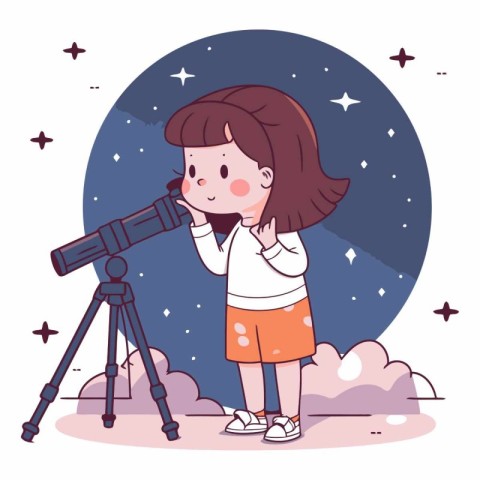 Cute little girl looking through telescope in cartoon style.